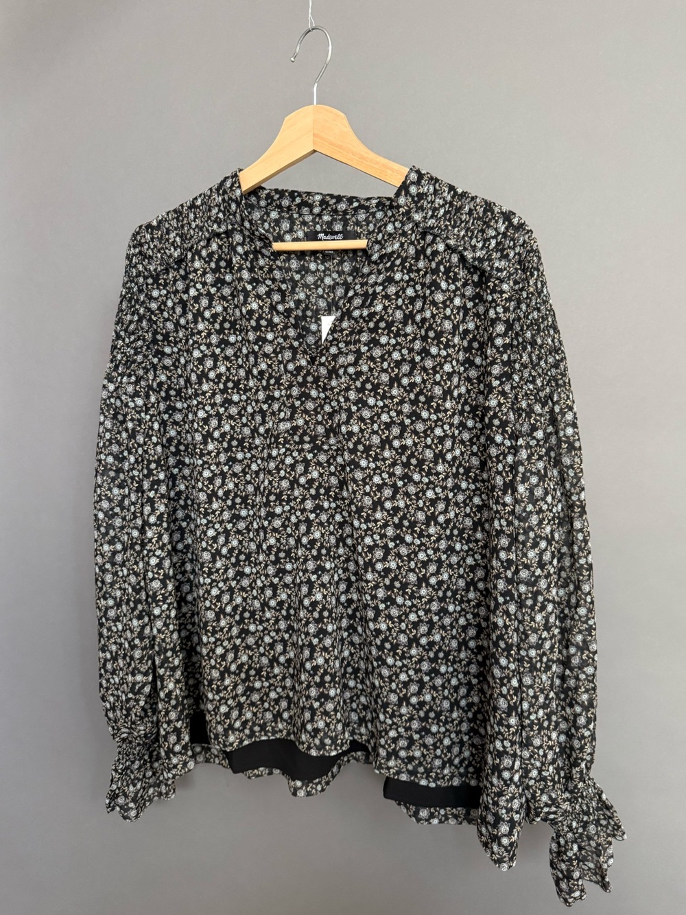 Madewell Floral Smocked Ruffle Blouse Black XL NWT